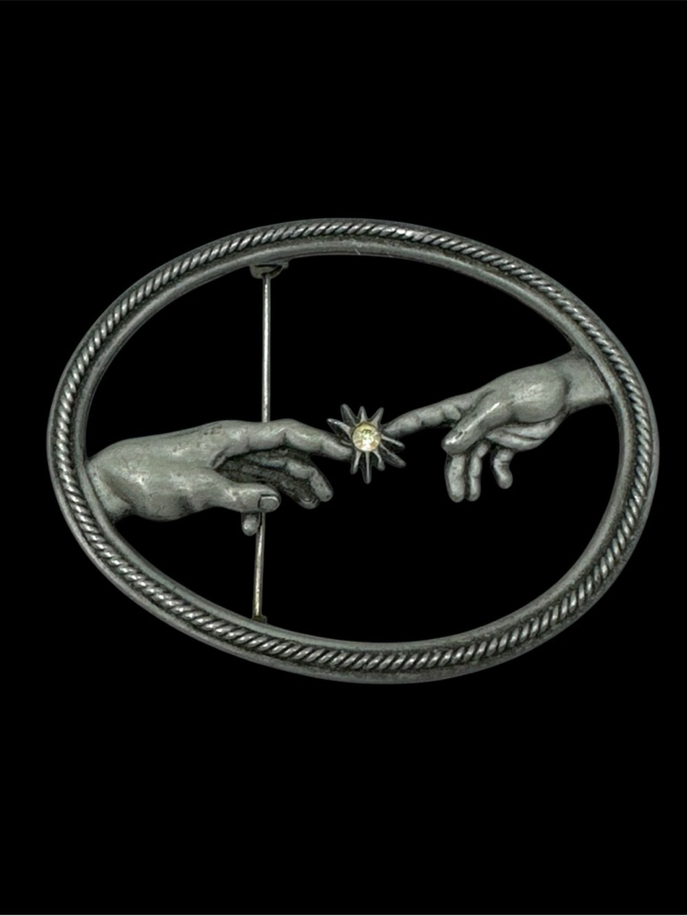 JJ Signed Vintage Creation of Adam Eve Da Vinci Hand of God Oval Pin Brooch